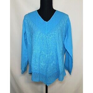 *RARE* Omja World Blue Boho Crotchet Floral Embroidered Blouse Women's XL‎